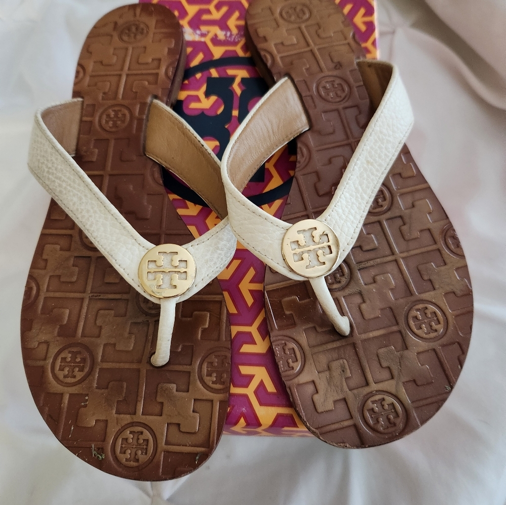 Tory Burch White and Brown Flip Flops